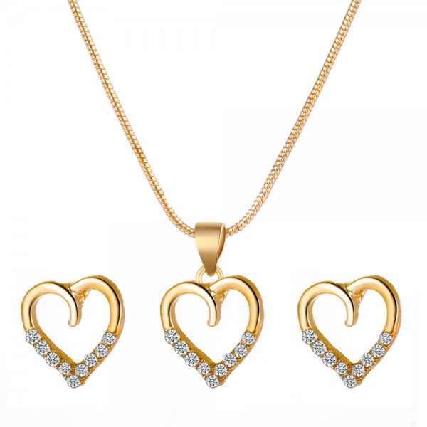 Love Necklace Earrings Set Simple Metal Zircon Peach Heart Sweater Chain